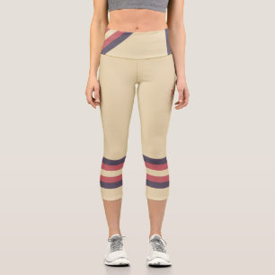 Leggings Capri Minimaliste, Rayures Rétro Rose, Texte sur Crème