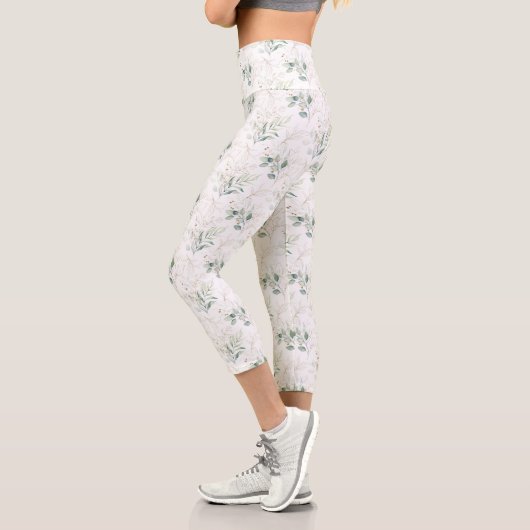 Leggings Capri Mint Green Pastel Floral Greenery Motif (Gauche)