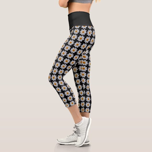 Leggings Capri Modèle floral dahlia blanc sur noir (Gauche)