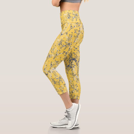 Leggings Capri Moderne Elégant bleu moutarde Jaune Fleurs sauvage (Gauche)