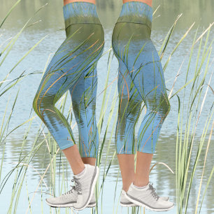 Leggings Capri Monet inspiré Lake Cattails Bleu et vert