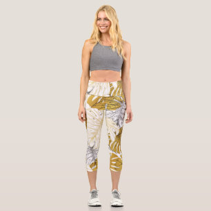 Leggings Capri Monstera Feuilles : Blanc doré