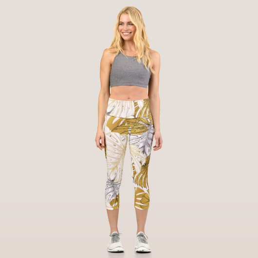 Leggings Capri Monstera Feuilles : Blanc doré (Recto)