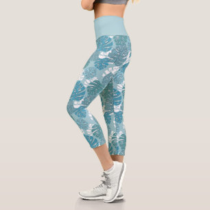 Leggings Capri Monstre Bleu Feuille Plante Botanique Motif