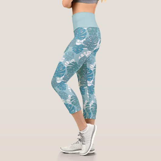 Leggings Capri Monstre Bleu Feuille Plante Botanique Motif (Gauche)