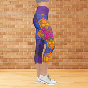 Leggings Capri Mosaic Kaleidoscope Carré Jaune Bleu et Rose Le