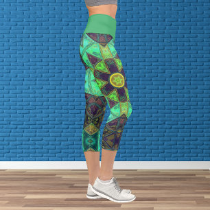 Leggings Capri Mosaic Kaleidoscope Fleur vert Turquoise et violet