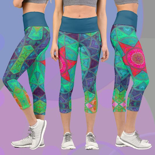 Leggings Capri Mosaic Mandala bleu vert et rouge