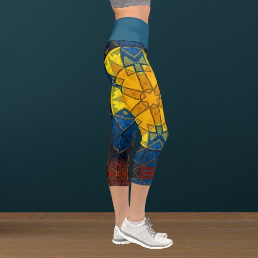 Leggings Capri Mosaic Mandala Fleur Jaune Bleu et Rouge