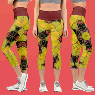 Leggings Capri Mosaic Mandala Fleur jaune vert rouge et noir