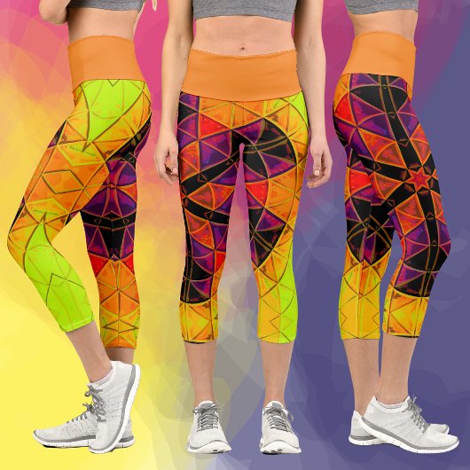 Leggings Capri Mosaic Mandala Fleur Rouge violet et orange