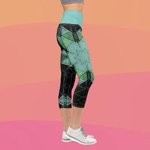Leggings Capri Mosaic Mandala Flower bleu vert et noir