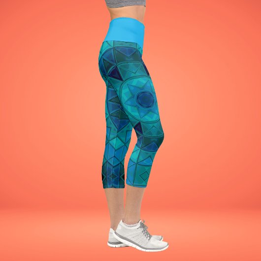 Leggings Capri Mosaic Mandala Flower Blue