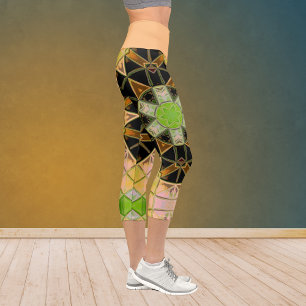 Leggings Capri Mosaic Mandala Flower vert jaune et noir