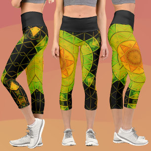 Leggings Capri Mosaic Mandala Flower vert orange et noir