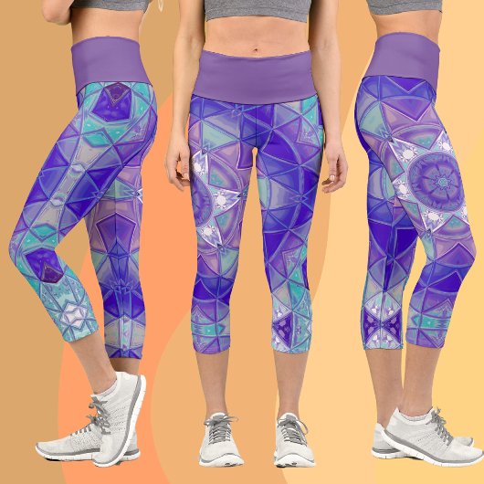 Leggings Capri Mosaic Mandala Flower violet bleu et blanc