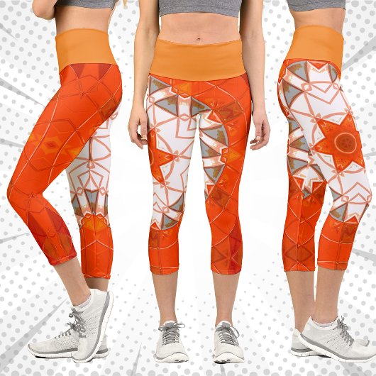 Leggings Capri Mosaic Mandala Orange et Blanc