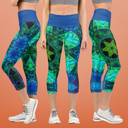 Leggings Capri Mosaic Mandala Vert et Bleu