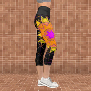 Leggings Capri Mosaïque Kaleidoscope Fleur orange rose et noir