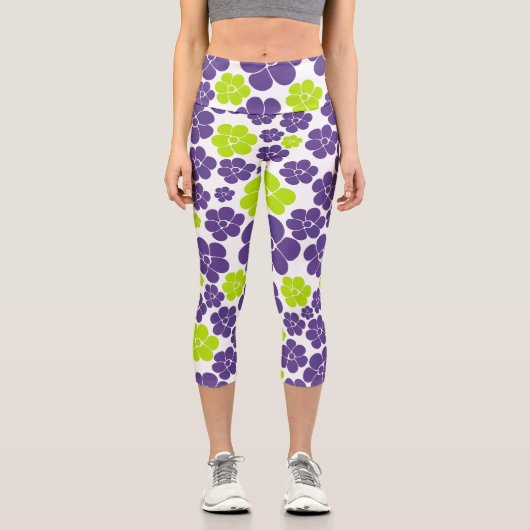 Leggings Capri Motif à fleurs en vert citron et violet (Recto)