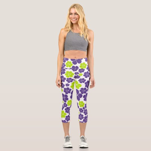 Leggings Capri Motif à fleurs en vert citron et violet (Recto)