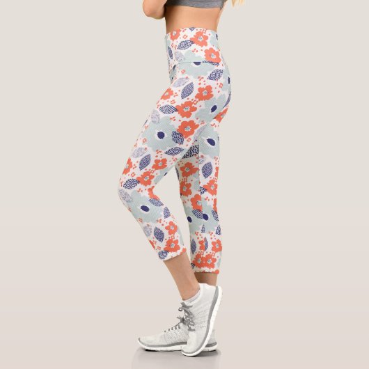 Leggings Capri Motif à fleurs moderne orange et bleu (Gauche)