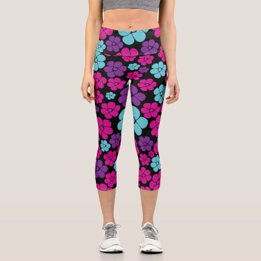 Leggings Capri Motif à fleurs - rose, violet, bleu et noir (Recto)