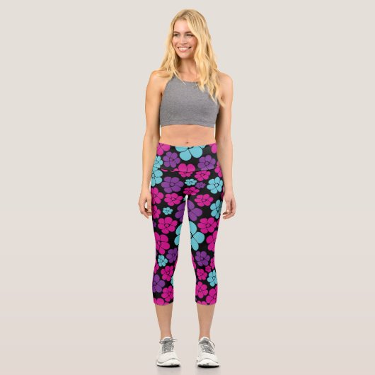 Leggings Capri Motif à fleurs - rose, violet, bleu et noir (Recto)