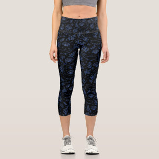 Leggings Capri Motif botanique floral bleu foncé Élégant Nature 