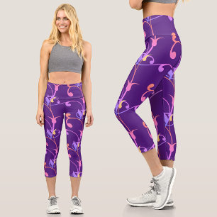 Leggings Capri Motif Botanique Floral Rose Et Violet Élégant