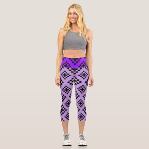 Leggings Capri Motif Carré géométrique Mosaic noir et violet