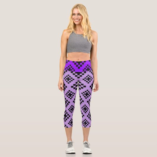 Leggings Capri Motif Carré géométrique Mosaic noir et violet (Recto)