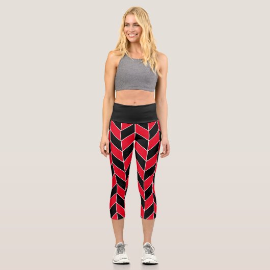 Leggings Capri Motif Chevron moderne Black et Red Herringbone (Recto)