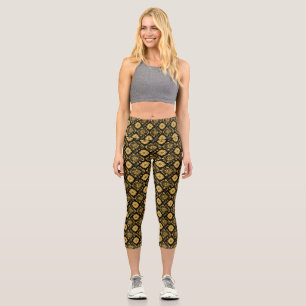 Leggings Capri Motif damassé floral or luxe sur fond noir