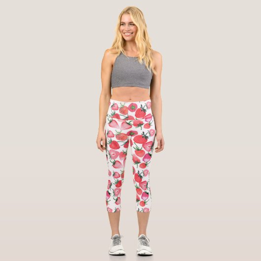 Leggings Capri Motif d'aquarelle aux fraises rouges juteuses (Recto)