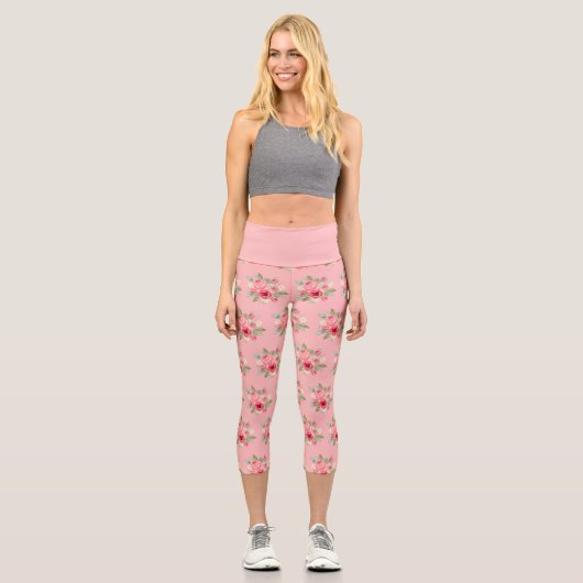 Leggings Capri Motif de bouquet de roses peintes rose (Recto)