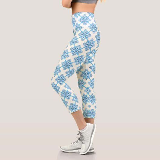 Leggings Capri Motif de carrelage bleu méditerranéen (Gauche)