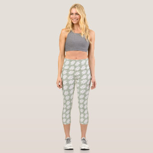 Leggings Capri Motif de feuille d'aîné blanc sur vert