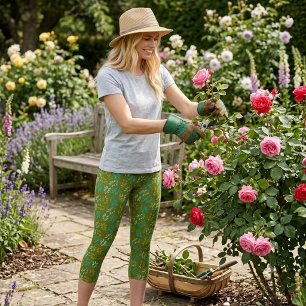 Leggings Capri Motif de feuille sur vert olive