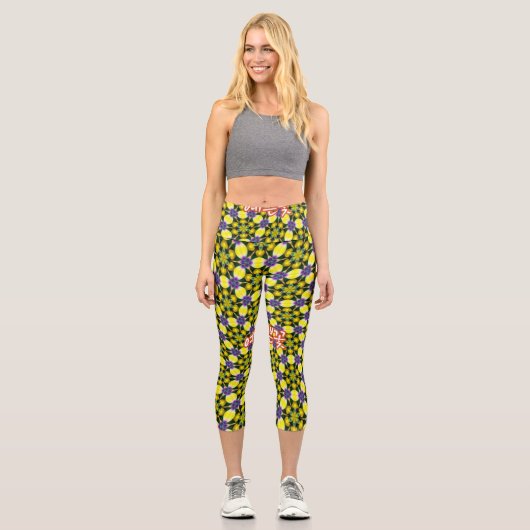 Leggings Capri Motif de marguerite jaune et violet (Recto)