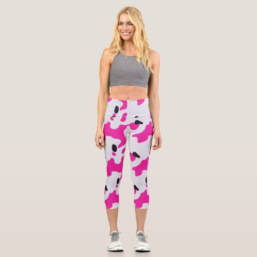 Leggings Capri Motif d'impression de vache rose et noire (Recto)