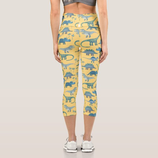 Leggings Capri Motif Dinosaur mignon sur Jaune (Verso)