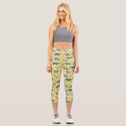 Leggings Capri Motif Dinosaur mignon sur Jaune (Recto)