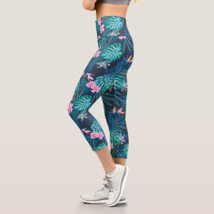 Leggings Capri Motif du Jardin des Fleurs Tropicales Bleues