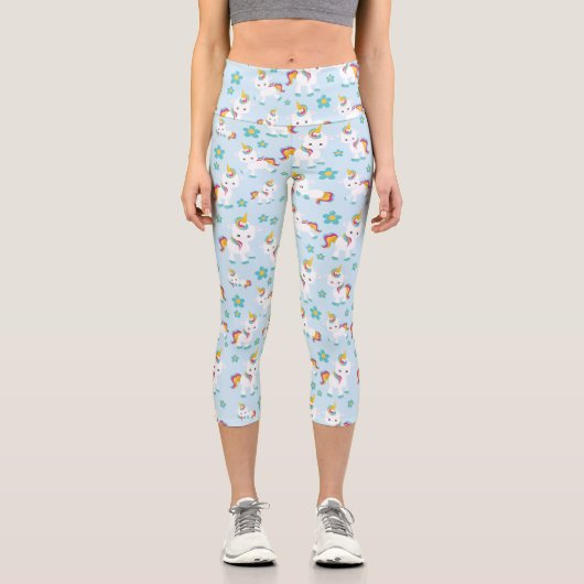 Leggings Capri Motif D'Unicornes, De Mignons Unicornes, Fleurs (Recto)