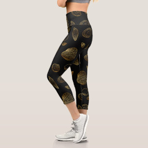 Leggings Capri Motif élégant Gold et Black Seashells