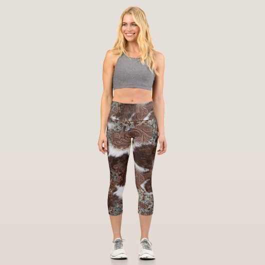 Leggings Capri Motif en cuir Brown Rustique Sud-Ouest (Recto)