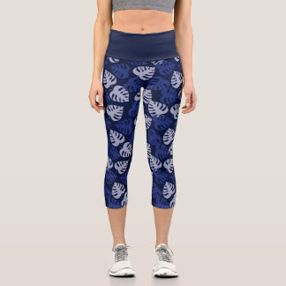 Leggings Capri Motif en feuille de monstère bleu sur marine profo