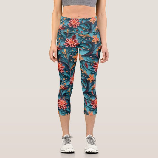Leggings Capri Motif en papier floral sans joint Capris haut tail (Recto)