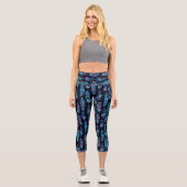Leggings Capri Motif en plume noir et turquoise (Recto)